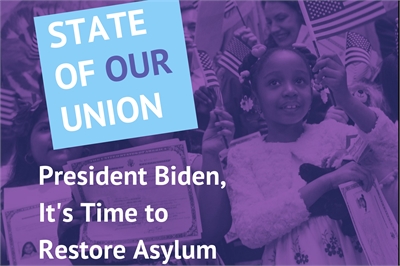 [ai] A poster featuring a young girl holding a certificate and smiling, surrounded by others waving flags. Text highlights include 'STATE OF OUR UNION' and 'President Biden, It's Time to Restore Asylum'.
